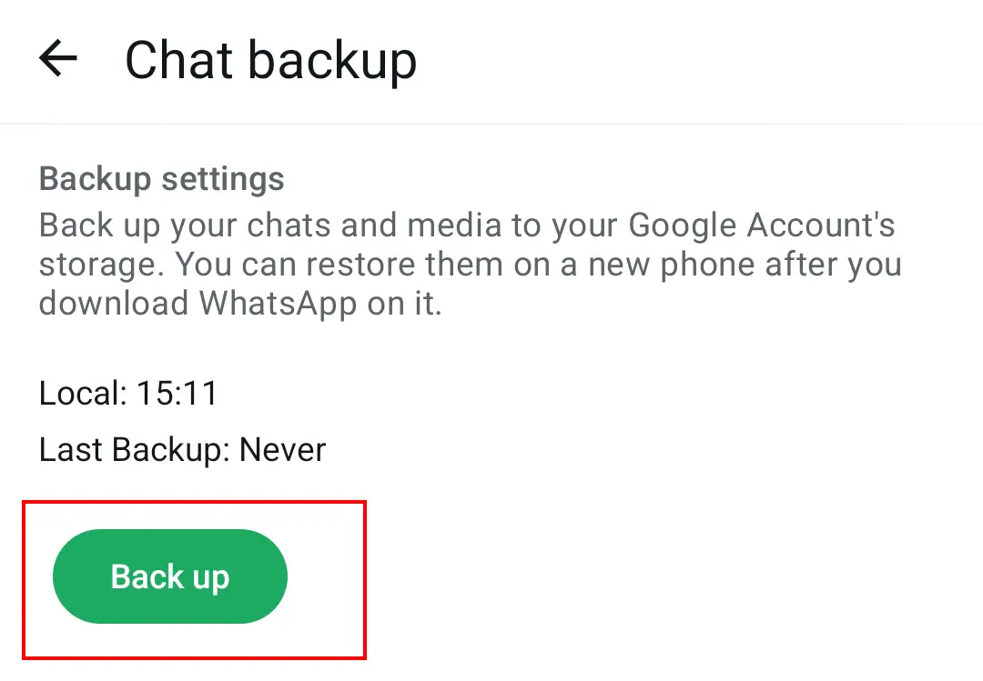 WhatsApp chats will be backed up after tapping ‘Back up’. Image: WhatsApp chats will be backed up after tapping ‘Back up’.
