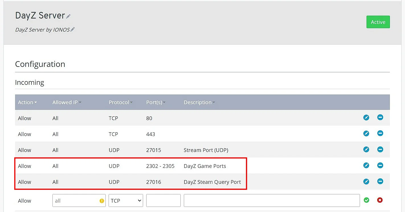 Image: Enabled ports in the IONOS Cloud Panel