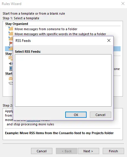 Image: Outlook Rules Wizard: Selecting the RSS feed