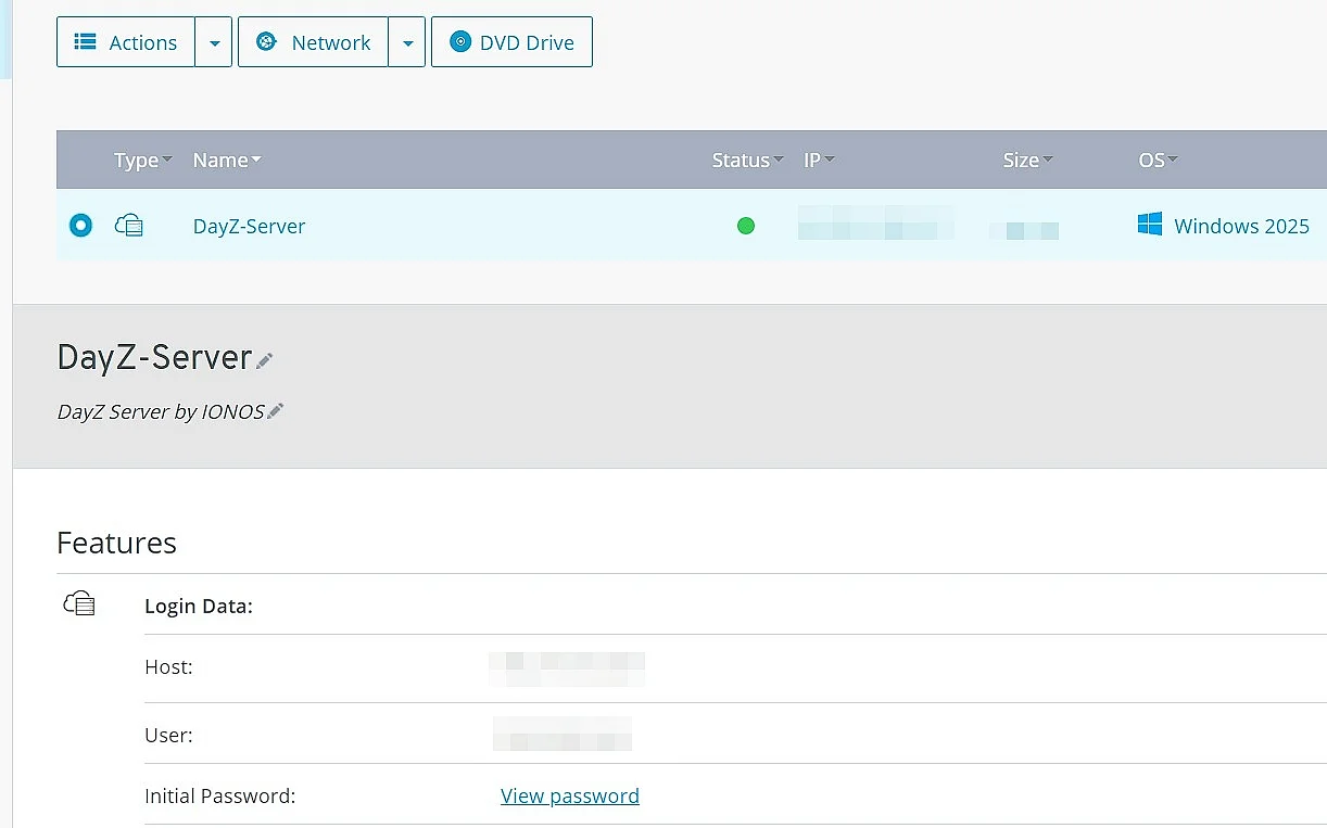 Image: IONOS Cloud Panel: Login credentials for the DayZ server