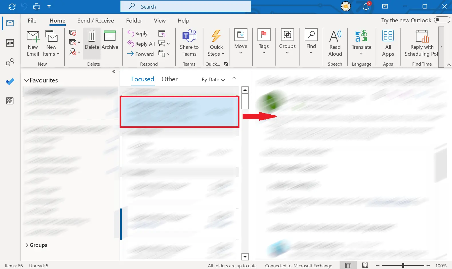 Image: Outlook user screen with the email selected for printing highlighted