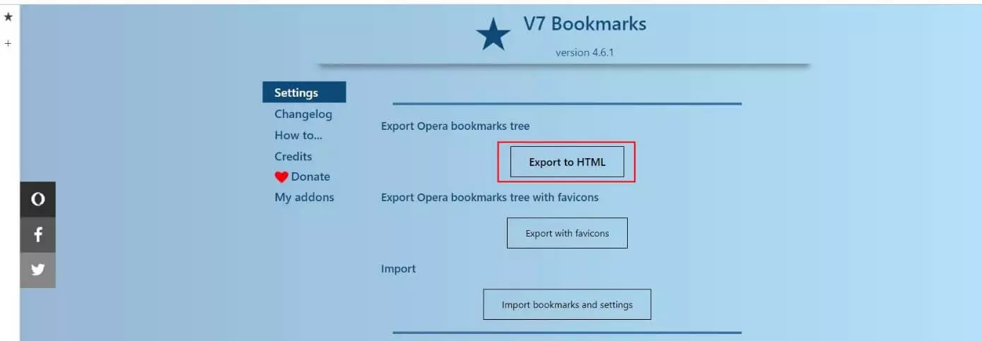 Image: Settings menu in the Opera V7 Bookmarks extension
