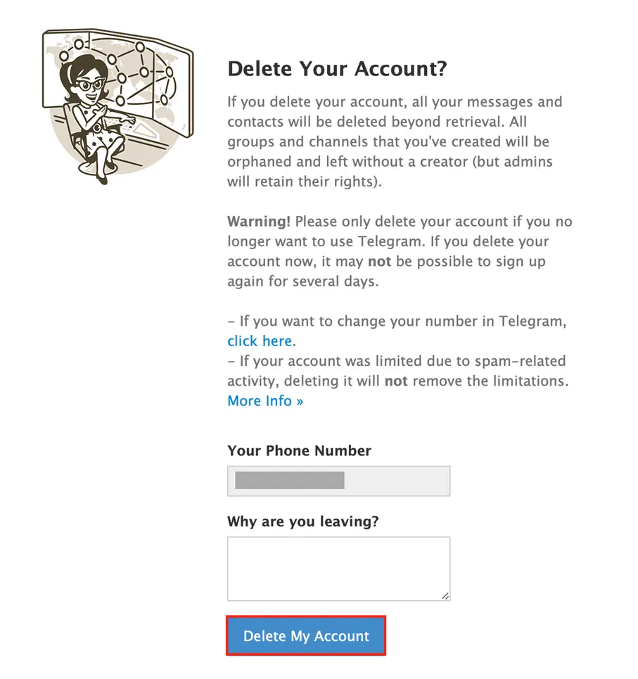 Image: Delete your Telegram account in the browser