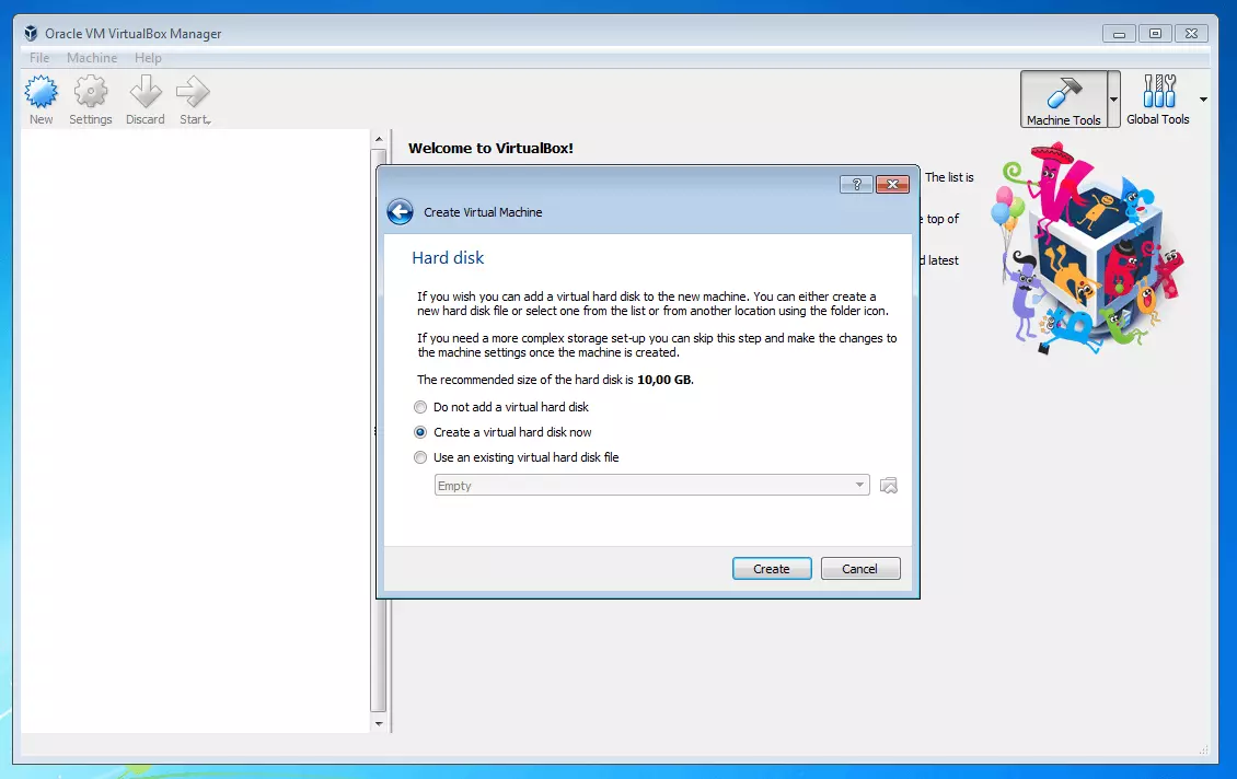 Image: Oracle VM VirtualBox Manager: virtual hard disk selection