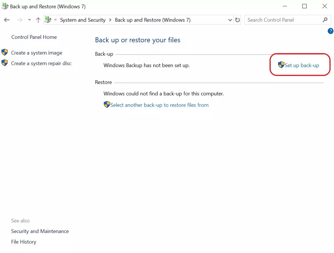 “Set up back-up” link in the backup settings