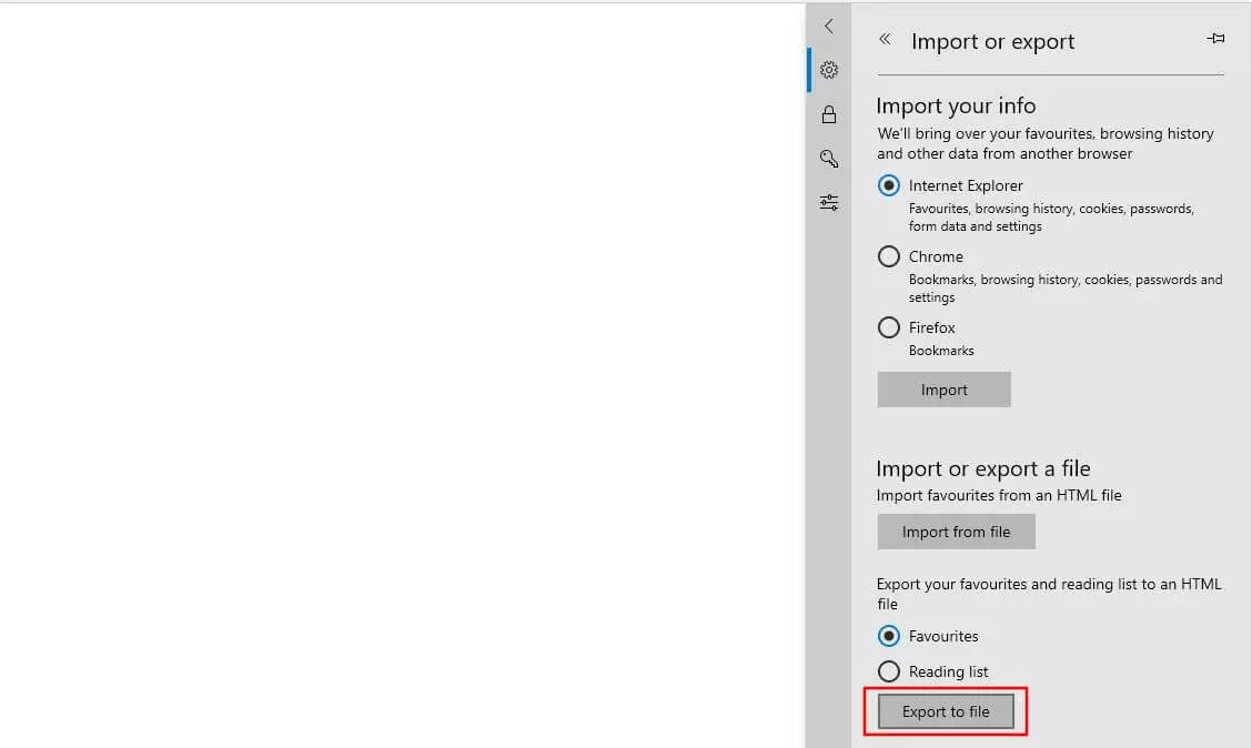 Image: “Import or export” menu in Edge