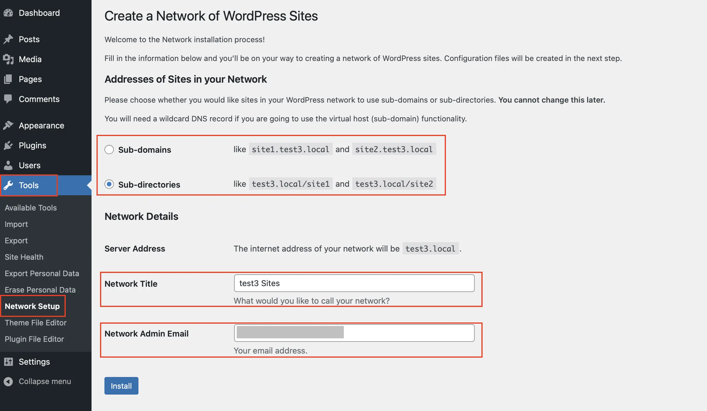 Tools – Network setup: Option to choose between subdomains and subdirectories Image: Tools – Network setup: Option to choose between subdomains and subdirectories