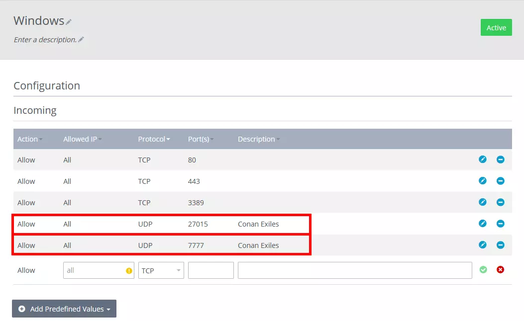 Image: Port list in IONOS Cloud Panel