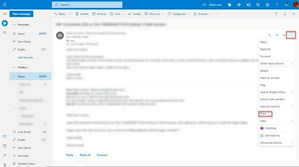 Image: Web version of Outlook with open option menu and ‘Print’ option