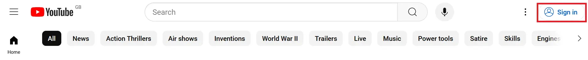 Image: YouTube website: ‘Sign in’ button