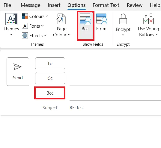Image: Outlook: The BCC button in the Message tab