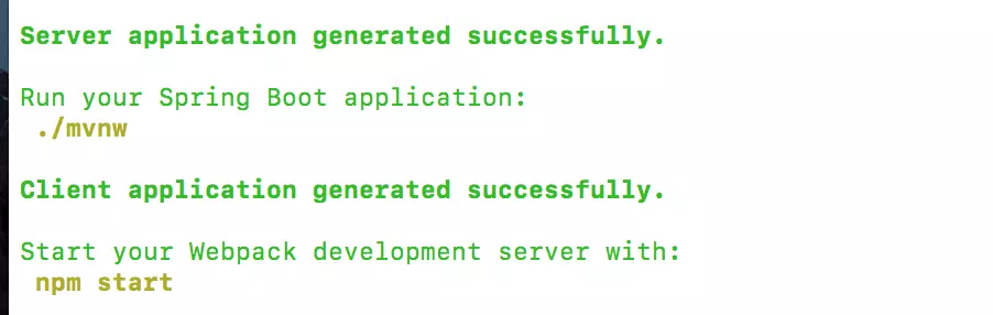 Image: JHipster status message after successful generation