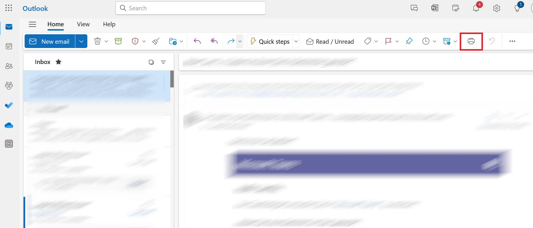 Image: Home menu of Outlook on the web with a red square indicating where the Print option is