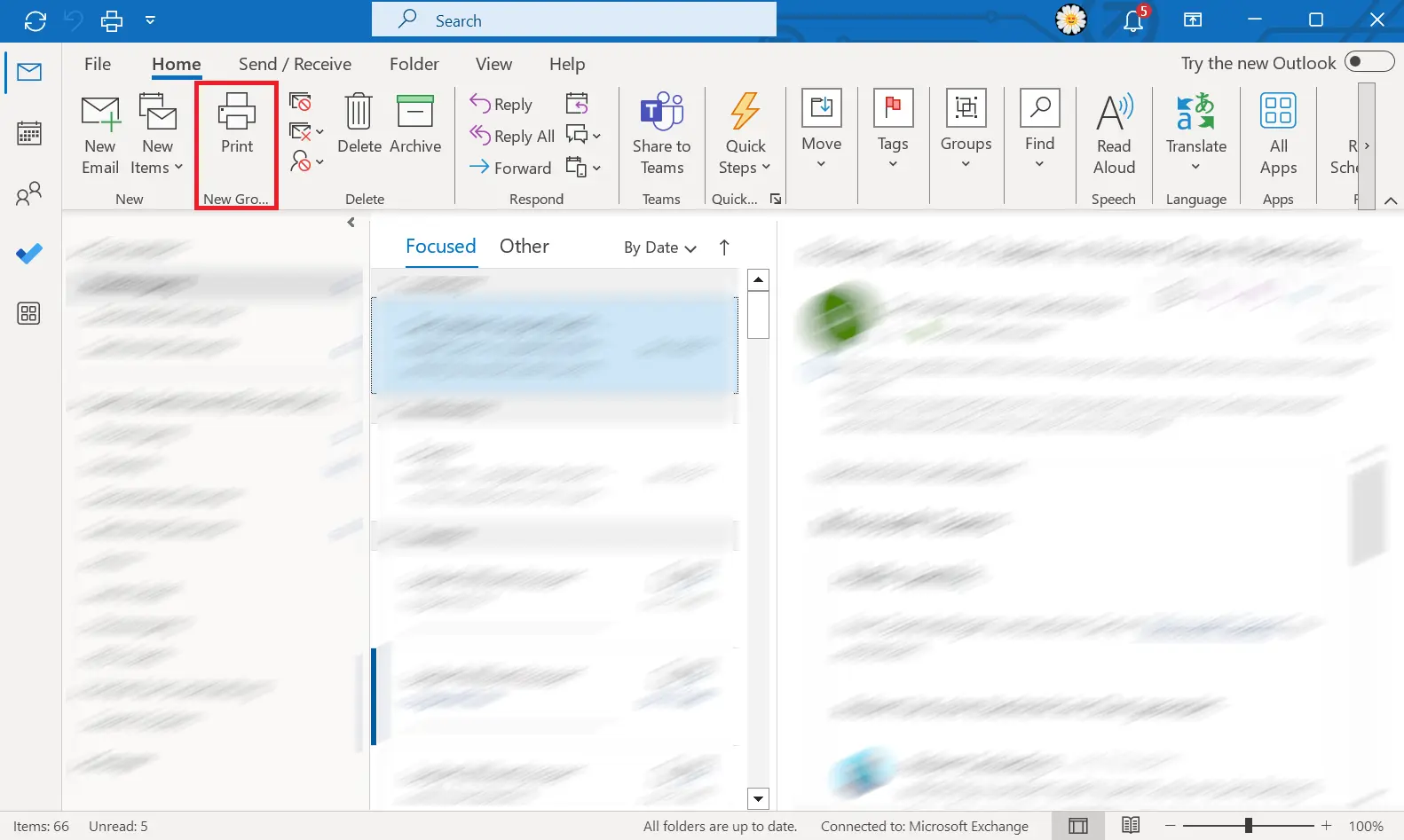 Image: Outlook ribbon with new Print command