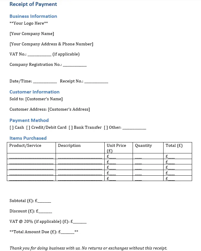 Image: Example of a receipt template in Word