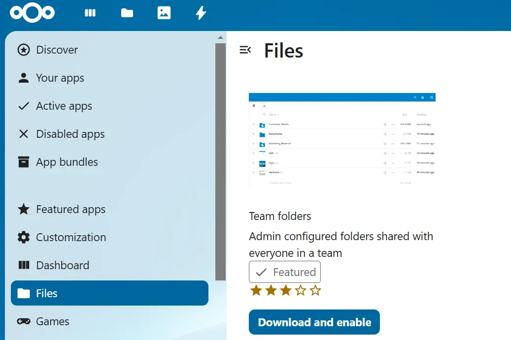 ‘Team folders’ app in the Nextcloud app store Image: ‘Team folders’ app in the Nextcloud app store
