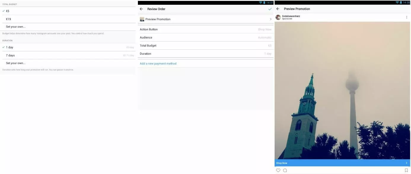 Image: Instagram ad manager menu for setting budget and duration