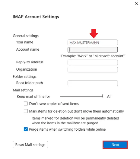 Image: Outlook change sender: Enter the alternative name