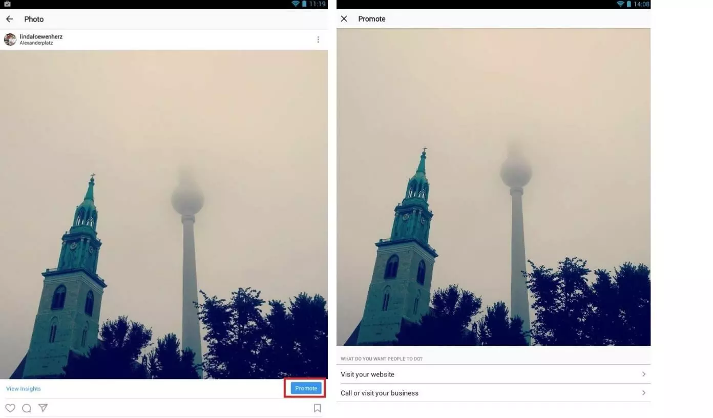 Image: The Instagram business account offers the new ‘Promote’ option