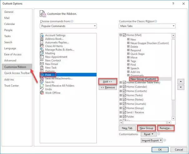 Image: ‘Customize Ribbon’ window in Outlook with its two columns of menus