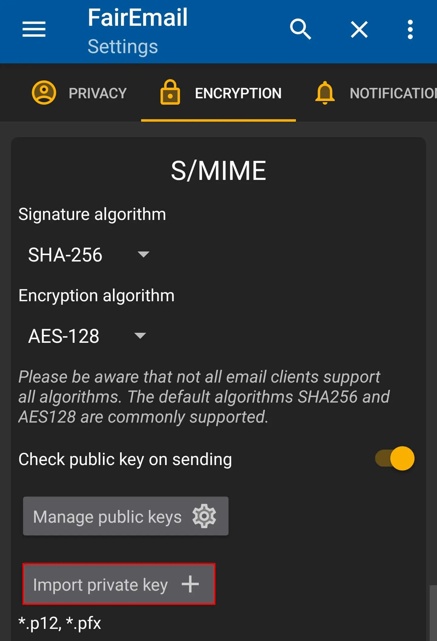 Image: FairEmail: Import Key