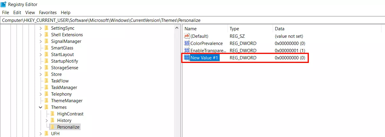 Image: Windows 10: New value in the registry editor