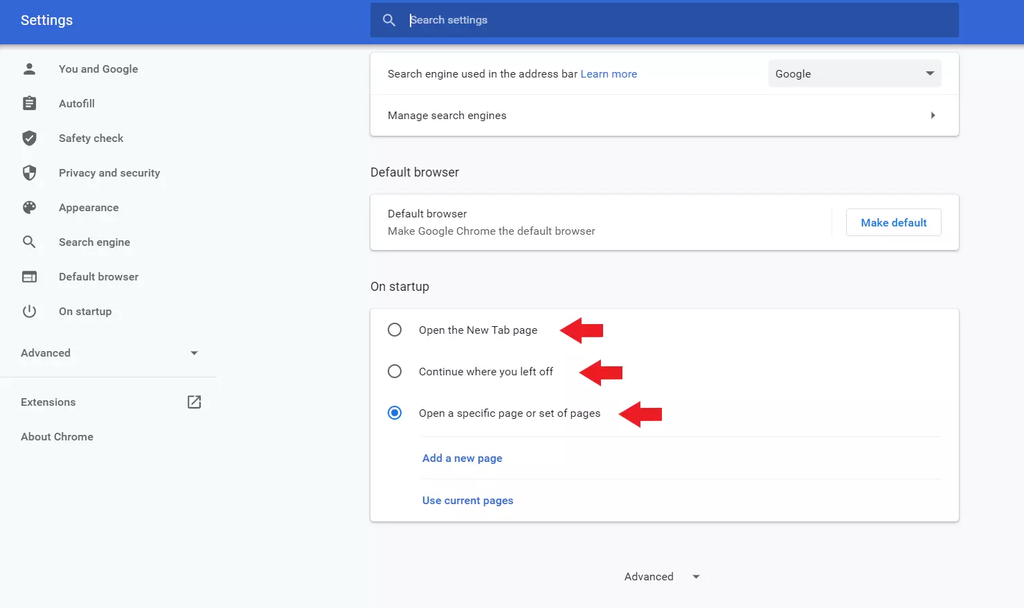 Image: Chrome gives you three options to set your Chrome homepage