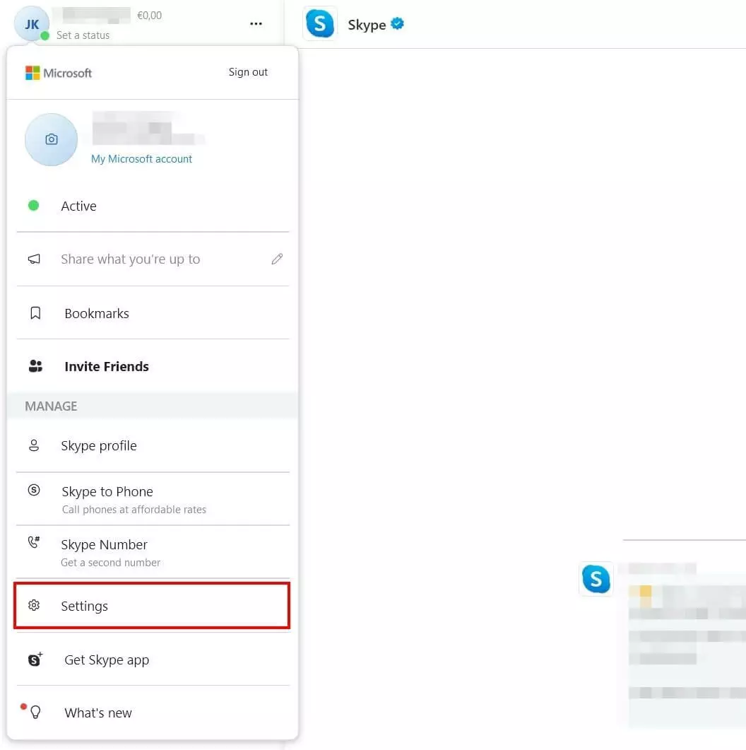Image: Skype: `Settings´ menu item