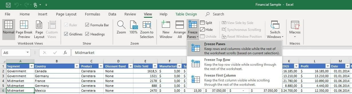Image: The “View” tab in Excel 2016