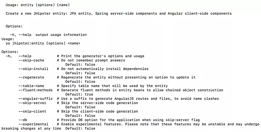 Image: Output of the help command for the entity sub-generator in the macOS terminal.