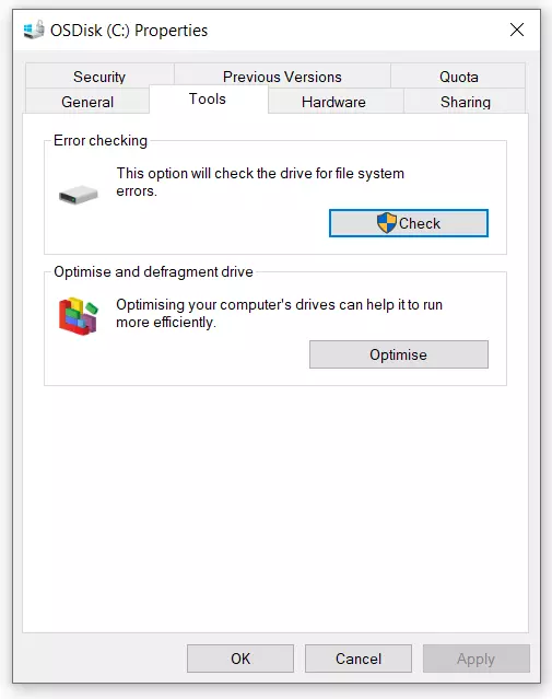 Image: Window for checking drives for errors in Windows 10