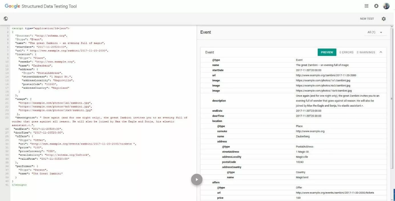 Image: Google Structured Data Testing Tool after validation: no error found