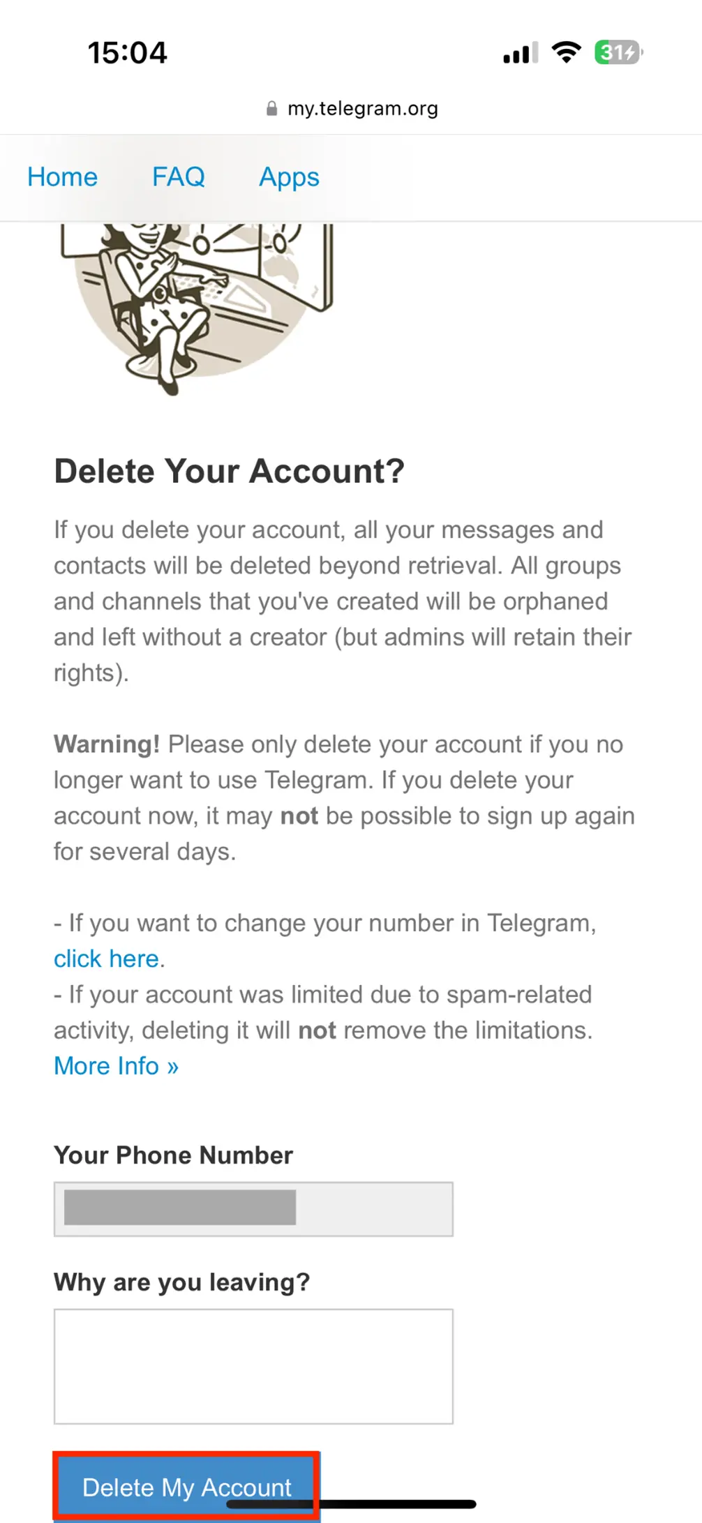 Image: Confirmation page for deleting your Telegram account