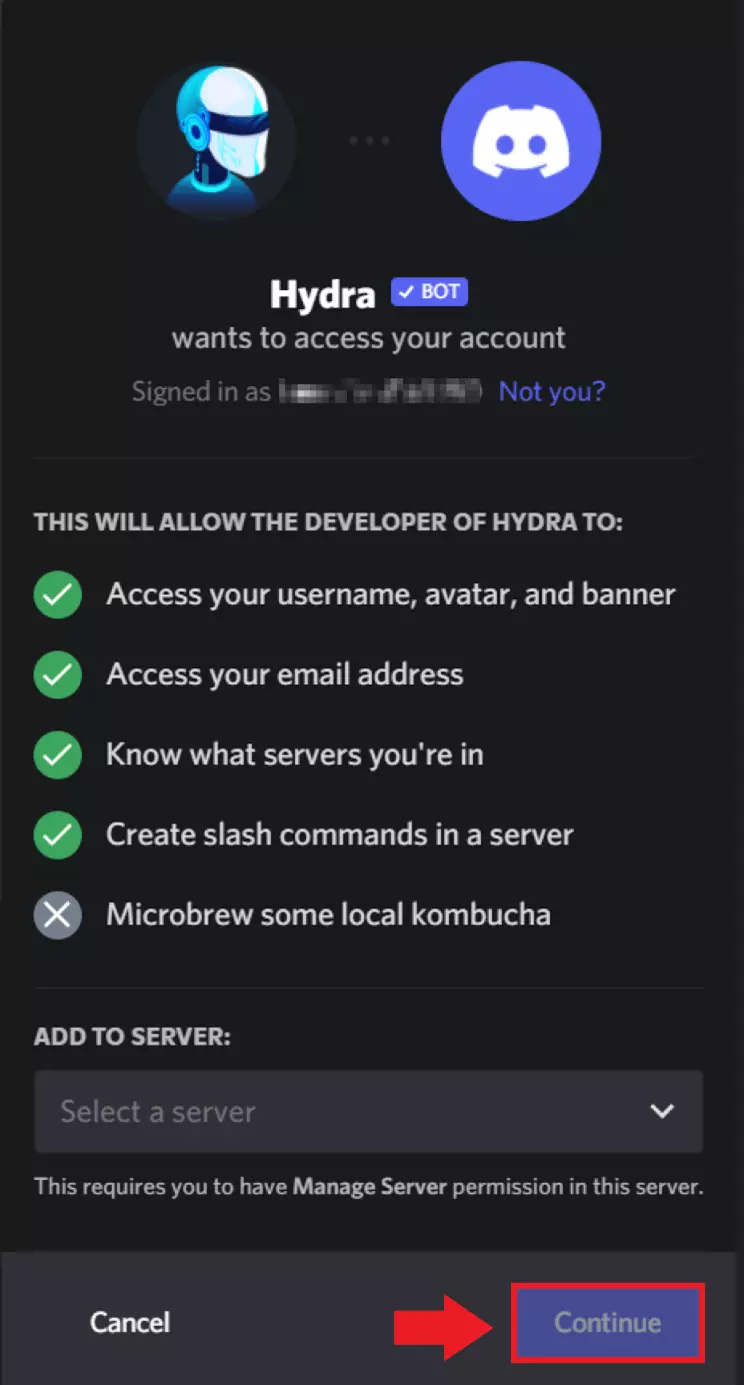 Select the relevant server and then click ‘Continue’