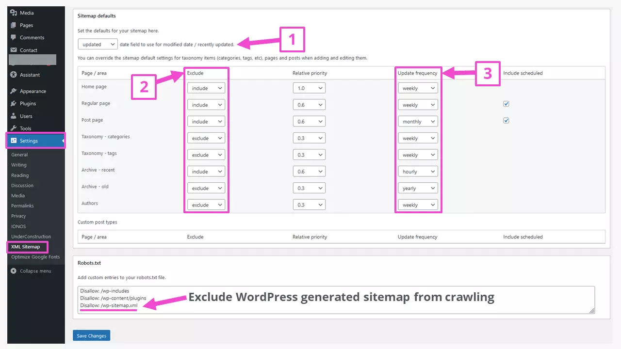 Image: Lower part of the admin interface of the plugin `XML Sitemap Generator for Google´