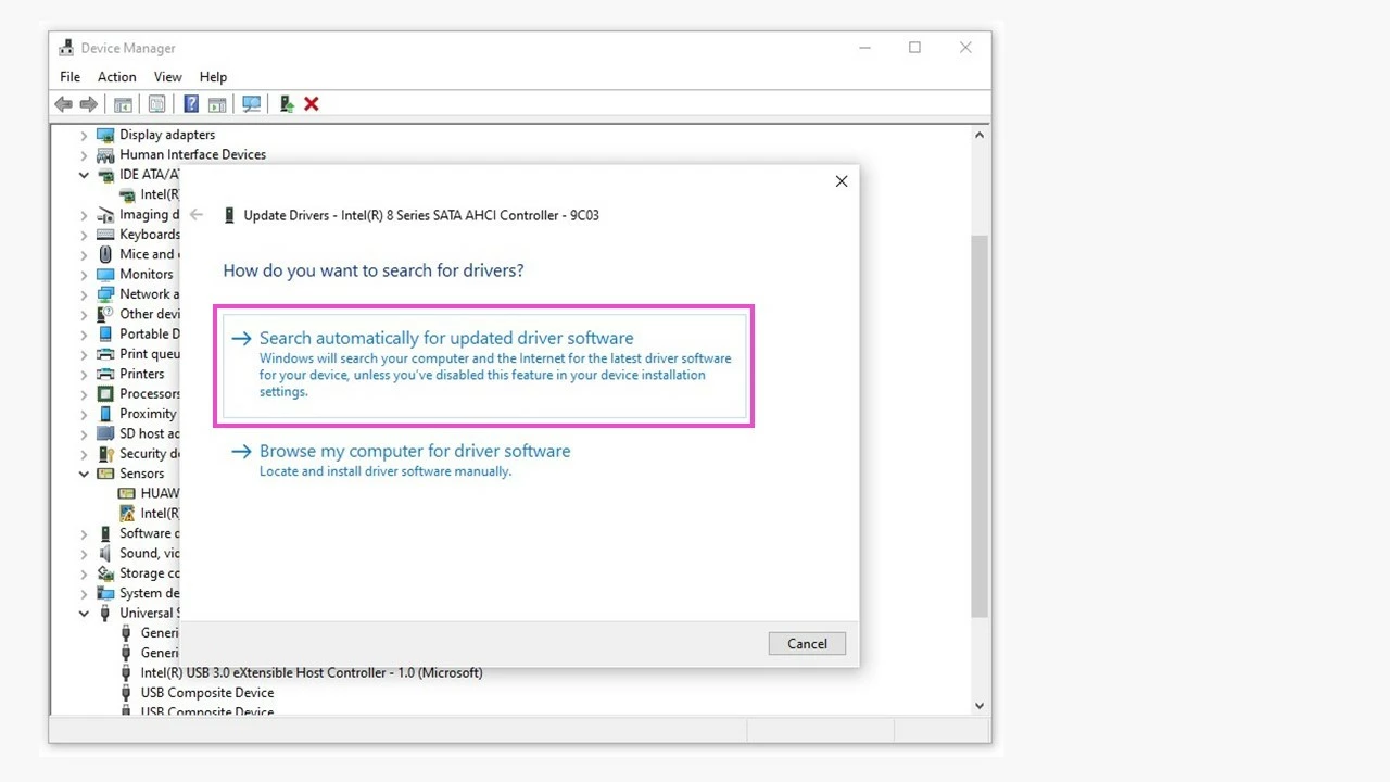 Image: Automatic driver search in Windows Device Manager 