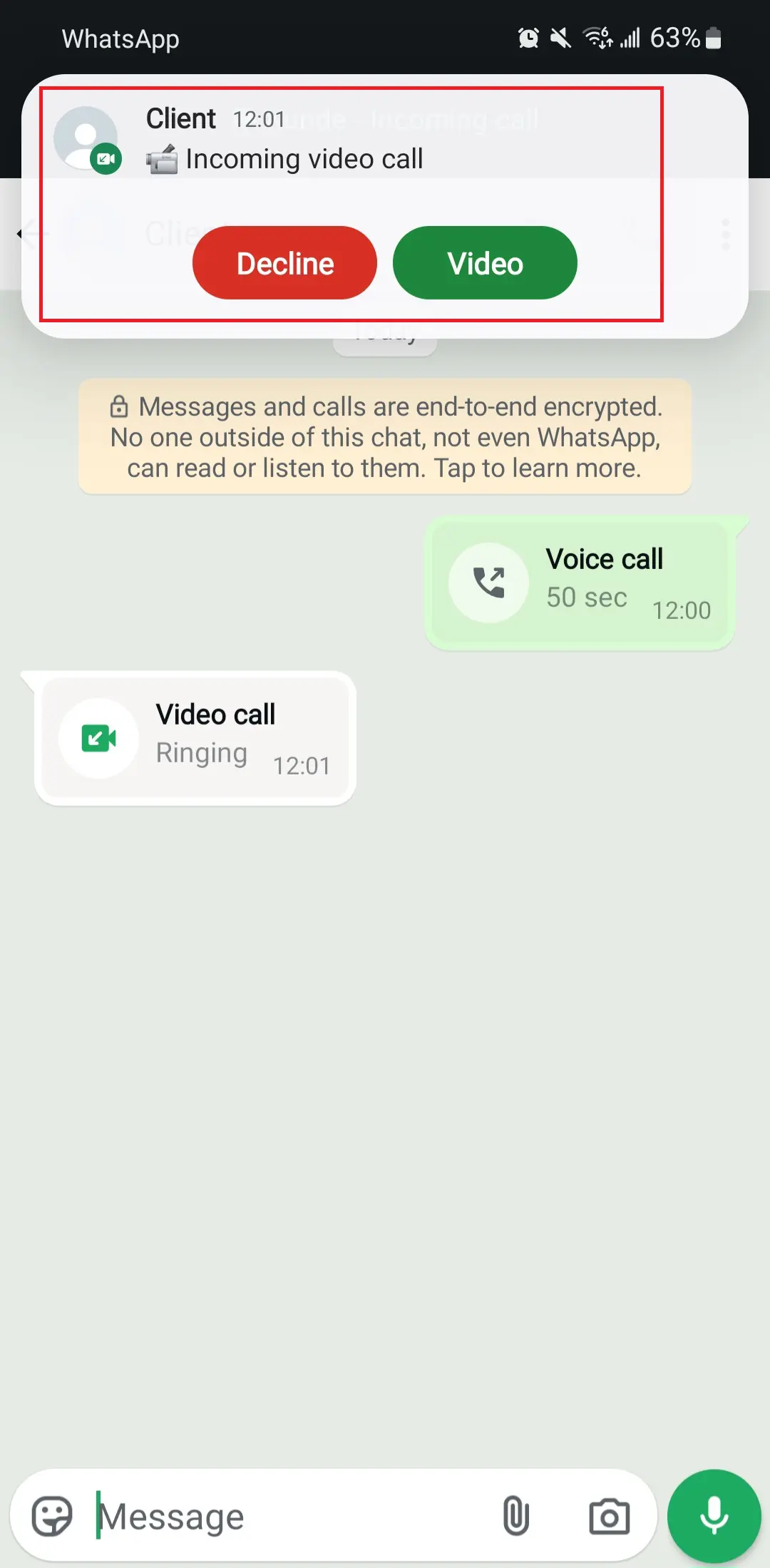 Android: ‘Decline’ or ‘Video’ an incoming WhatsApp video call Image: Android: ‘Decline’ or ‘Video’ an incoming WhatsApp video call