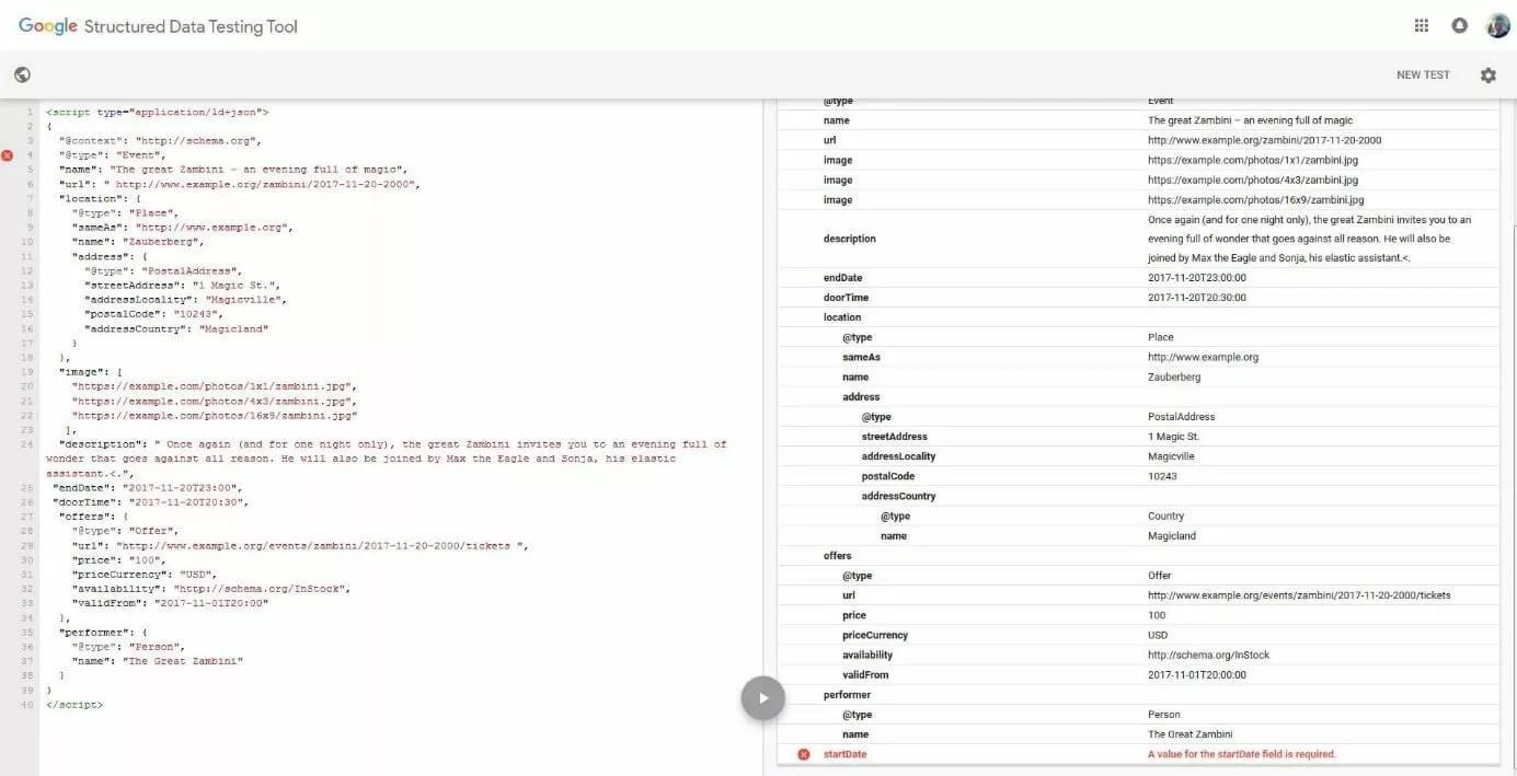 Image: Google Structured Data Testing Tool after validation: missing value found