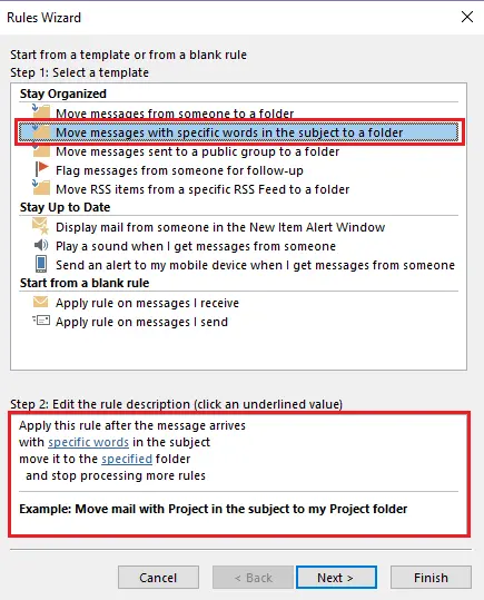Image: Outlook Rules Wizard: Selecting rule template