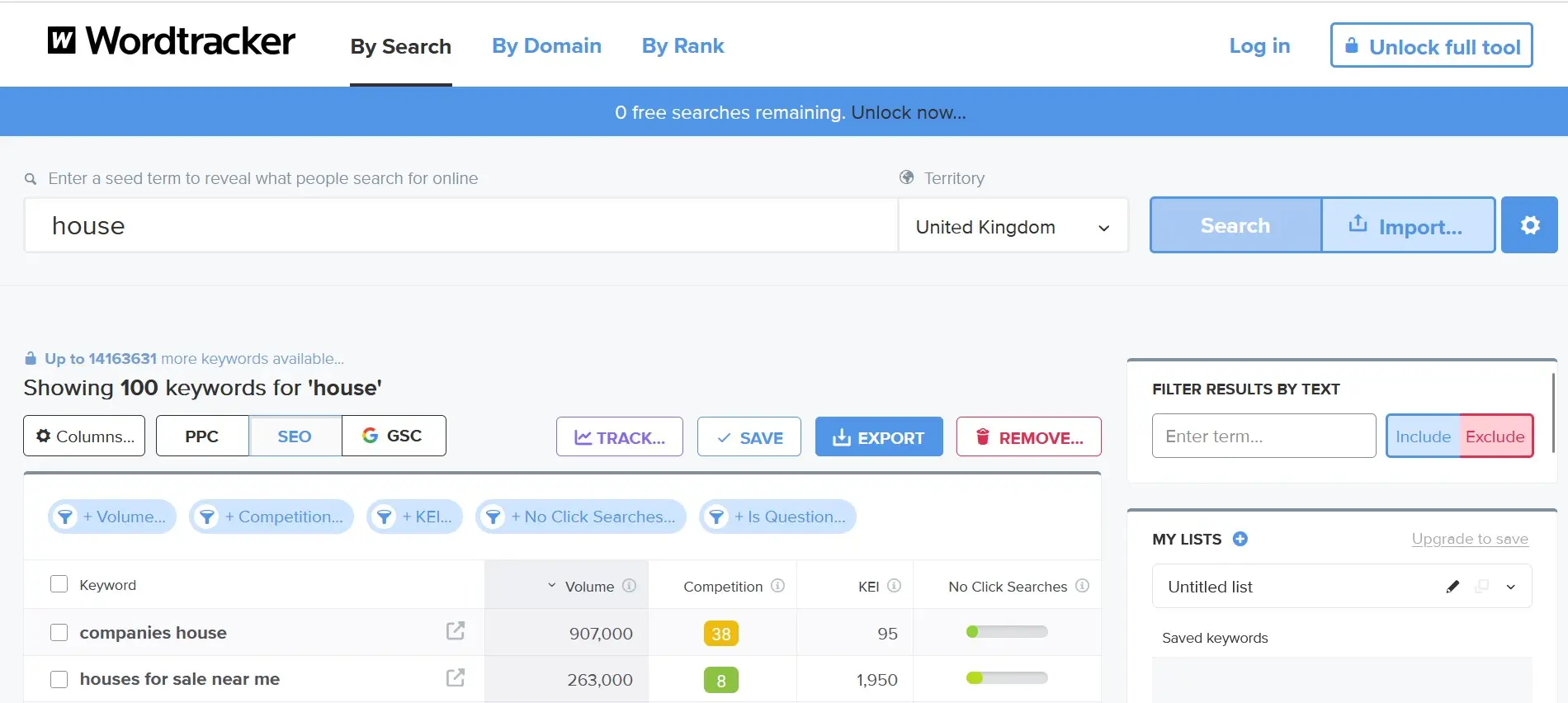 Image: Wordtracker: Keyword suggestions and SERP preview for the search term ‘house’