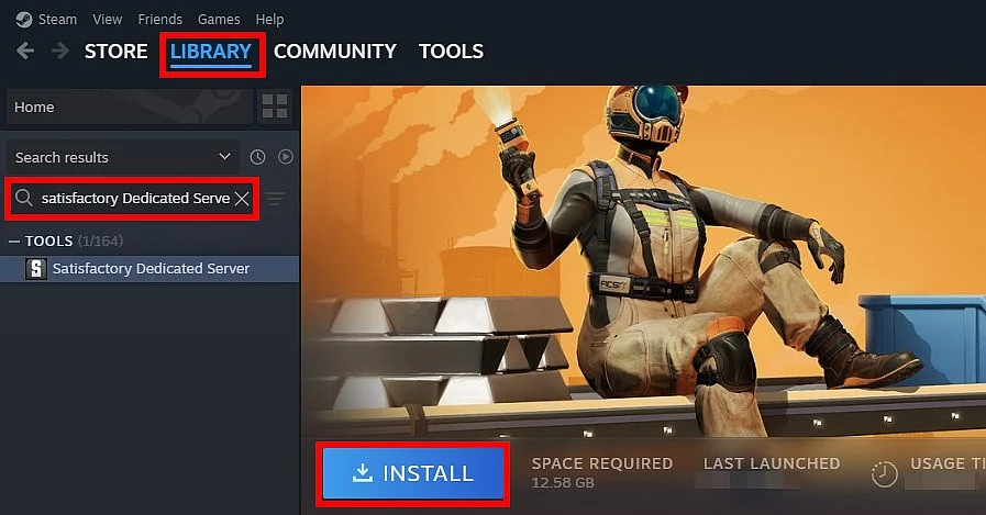 Image: Steam client: Installing the Satisfactory dedicated server software