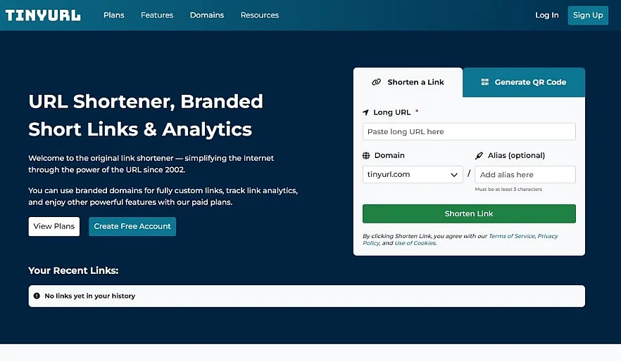 Image: Screenshot of the URL shortener TinyURL website