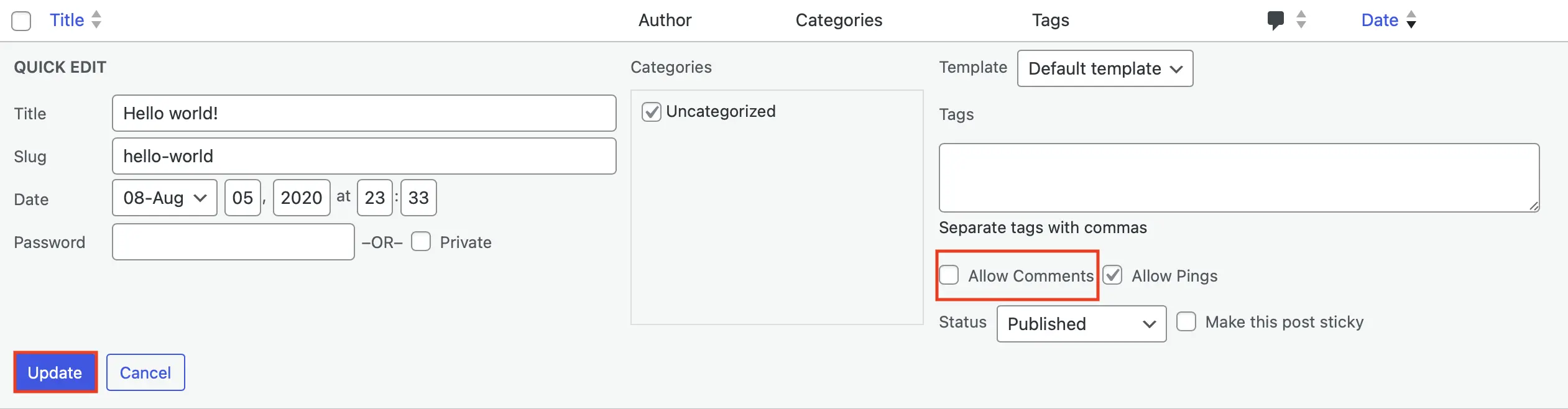 ‘Quick Edit’ settings page for a post, with ‘Allow Comments’ option Image: ‘Quick Edit’ settings page for a post, with ‘Allow Comments’ option