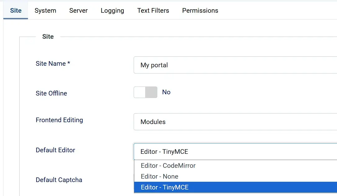 ‘Site’ tab in the Joomla configuration menu Image: ‘Site’ tab in the Joomla configuration menu