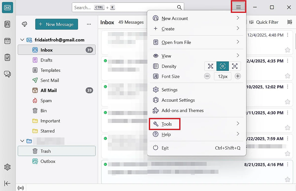 Set up Thunderbird out-of-office: ‘Tools’ menu Image: Set up Thunderbird out-of-office: ‘Tools’ menu