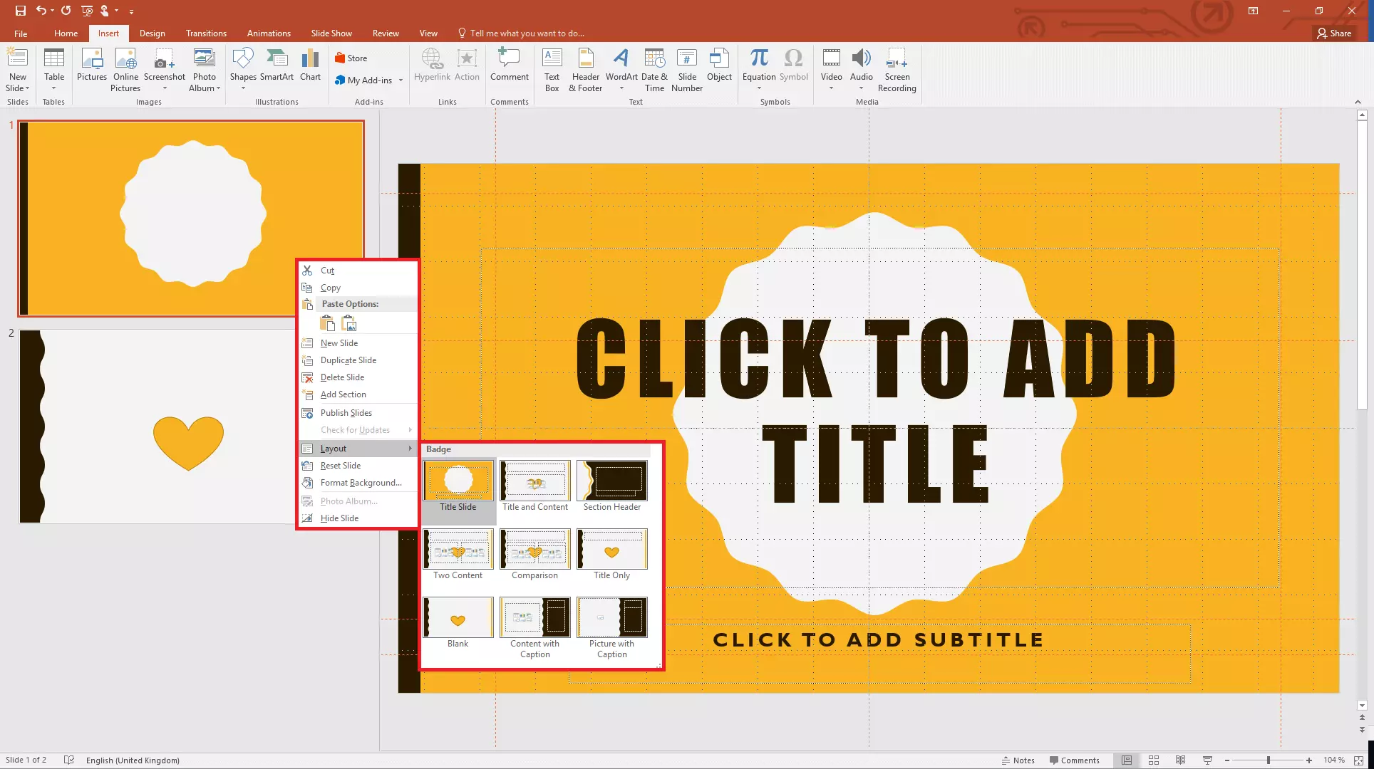 Image: Right-clicking on a slide to select a different layout in PowerPoint 2019