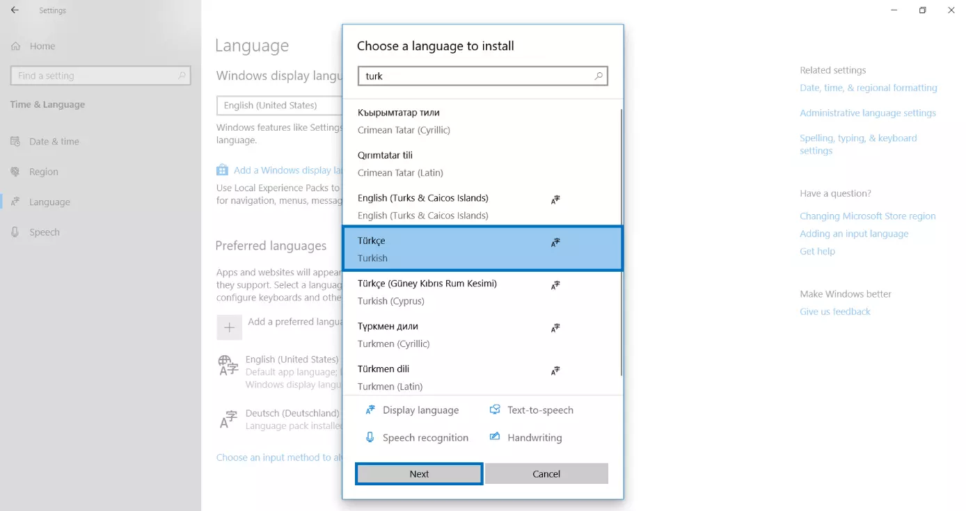Menu for adding additional languages