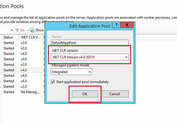 IIS manager, Application Pools: select .NET version