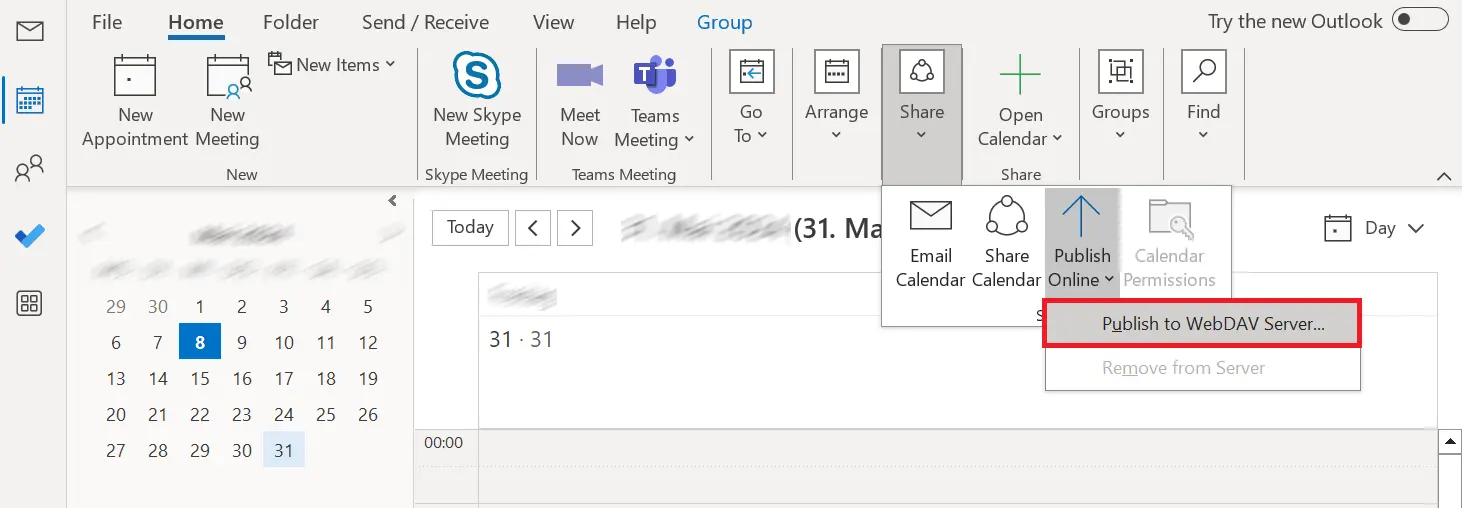 Image: Outlook: Calendar view toolbar in the ‘Home’ tab