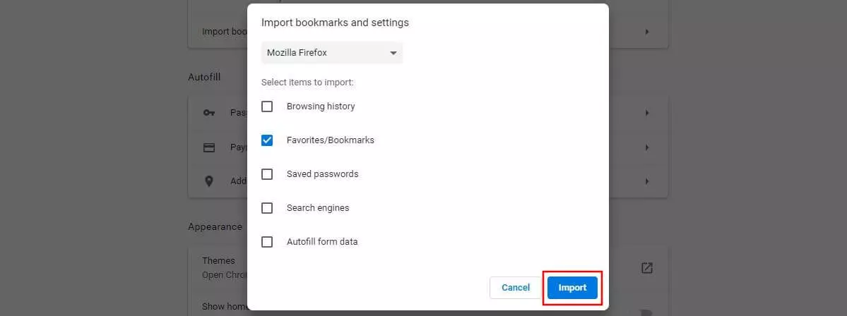 Image: Chrome menu window “Import bookmarks and settings”